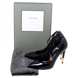 Tom Ford Black Patent Leather Padlock Ankle Wrap Pointed Toe Pumps Size 37.5