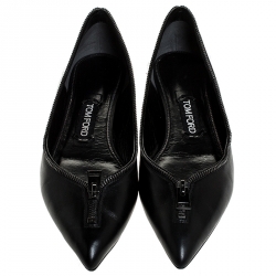 Tom Ford Black Leather Zipper Trim And Zip Detail Pointed Toe Ballet Flats Size 39