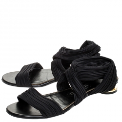 Pre Owned Tom Ford Black Plisse Satin Open Toe Flat Sandals Size 39