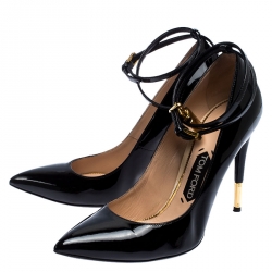 Tom Ford Black Patent Leather Padlock Ankle Wrap Pointed Toe Pumps Size 39
