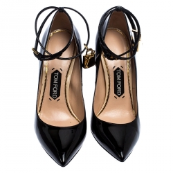 Tom Ford Black Patent Leather Padlock Ankle Wrap Pointed Toe Pumps Size 39