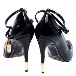 Tom Ford Black Patent Leather Padlock Ankle Wrap Pointed Toe Pumps Size 39