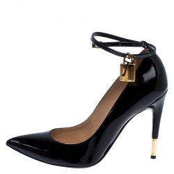 Tom Ford Black Patent Leather Padlock Ankle Wrap Pointed Toe Pumps Size 39