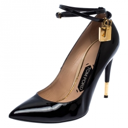 Tom Ford Black Patent Leather Padlock Ankle Wrap Pointed Toe Pumps Size 39