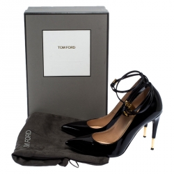 Tom Ford Black Patent Leather Padlock Ankle Wrap Pointed Toe Pumps Size 39