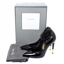 Pre Owned Tom Ford Black Patent Leather Padlock Ankle Wrap Pointed Toe Pumps Size 38