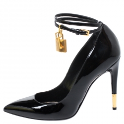 Pre Owned Tom Ford Black Patent Leather Padlock Ankle Wrap Pointed Toe Pumps Size 38