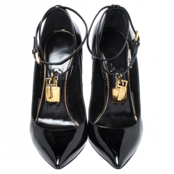 Pre Owned Tom Ford Black Patent Leather Padlock Ankle Wrap Pointed Toe Pumps Size 38