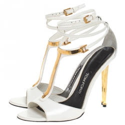 Tom Ford White Leather T-Bar Ankle Strap Sandals Size 38.5