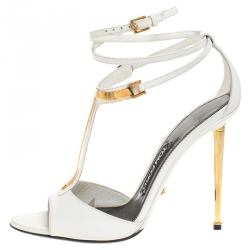 Tom Ford White Leather T-Bar Ankle Strap Sandals Size 38.5