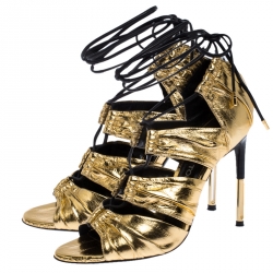 Pre Owned Tom Ford Metallic Gold Leather Stardust Lace Up Cage Sandals Size 37