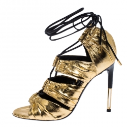 Pre Owned Tom Ford Metallic Gold Leather Stardust Lace Up Cage Sandals Size 37