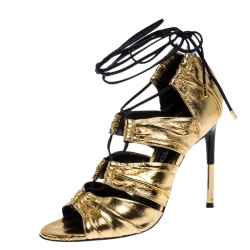 Pre Owned Tom Ford Metallic Gold Leather Stardust Lace Up Cage Sandals Size 37