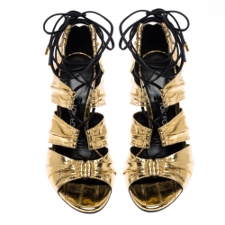 Pre Owned Tom Ford Metallic Gold Leather Stardust Lace Up Cage Sandals Size 37