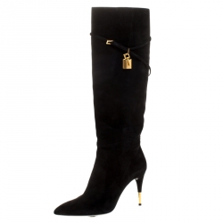 Tom Ford Black Suede Leather Lock Strap Knee Length Boots Size 40
