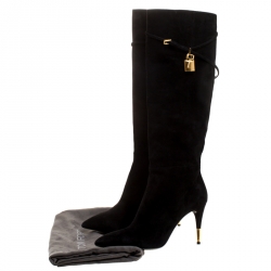 Tom Ford Black Suede Leather Lock Strap Knee Length Boots Size 40