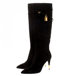 Tom Ford Black Suede Leather Lock Strap Knee Length Boots Size 40