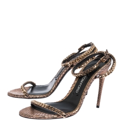 Tom Ford Metallic Rose Gold Python Leather Chain Embellished Ankle Strap Open Toe Sandals Size 39.5