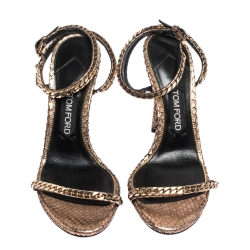 Tom Ford Metallic Rose Gold Python Leather Chain Embellished Ankle Strap Open Toe Sandals Size 39.5