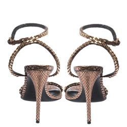 Tom Ford Metallic Rose Gold Python Leather Chain Embellished Ankle Strap Open Toe Sandals Size 39.5