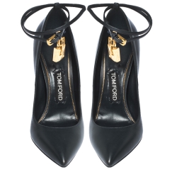 Tom Ford Grey Leather Padlock Ankle-Wrap Pointed Toe Pumps Size 39