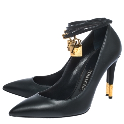 Tom Ford Grey Leather Padlock Ankle-Wrap Pointed Toe Pumps Size 39