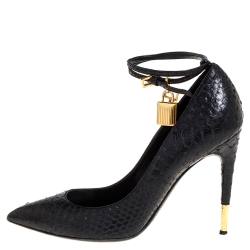 Pre Owned حذاء كعب عالي توم فورد قفل رباط كاحل مقدمة مدببة جلد لامع أسود مقاس 39