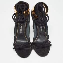 Pre Owned Tom Ford Black  Suede Ankle Wrap Wedge Sandals Size 39