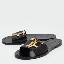 Pre Owned Tom Ford Black Leather TF Flat Slides Size 38