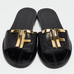 Pre Owned Tom Ford Black Leather TF Flat Slides Size 38