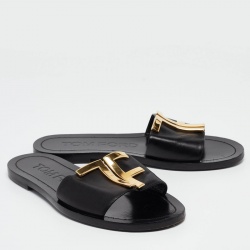 Pre Owned Tom Ford Black Leather TF Flat Slides Size 38