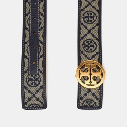 Tory Burch Beige/Blue Embossed Logo Leather Small Logo Belt 80CM
