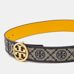 Tory Burch Beige/Blue Embossed Logo Leather Small Logo Belt 80CM