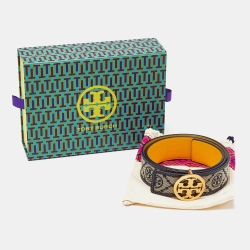 Tory Burch Beige/Blue Embossed Logo Leather Small Logo Belt 80CM