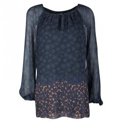 Pre Owned Tory Burch Timberwolf Blue Printed Silk Long Sleeve Fairmont Border Lisa Blouse M