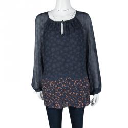 Pre Owned Tory Burch Timberwolf Blue Printed Silk Long Sleeve Fairmont Border Lisa Blouse M