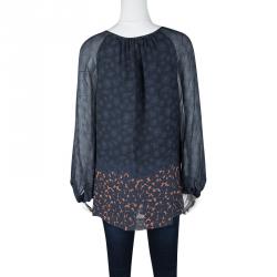 Pre Owned Tory Burch Timberwolf Blue Printed Silk Long Sleeve Fairmont Border Lisa Blouse M