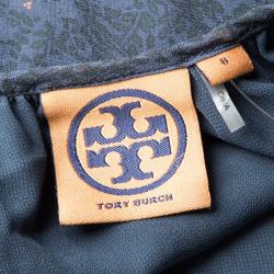 Pre Owned Tory Burch Timberwolf Blue Printed Silk Long Sleeve Fairmont Border Lisa Blouse M