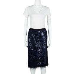 Pre Owned Tory Burch Navy Blue Sequined Alpaca Pencil Skirt XS