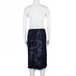 Pre Owned Tory Burch Navy Blue Sequined Alpaca Pencil Skirt XS