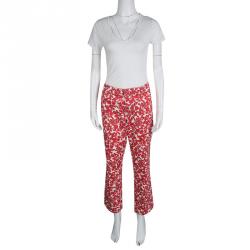 Pre Owned Tory Burch Red Floral Printed Denim Laurel Cropped Straight Leg Jeans L