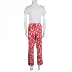 Pre Owned Tory Burch Red Floral Printed Denim Laurel Cropped Straight Leg Jeans L