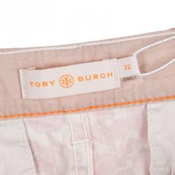 Pre Owned Tory Burch Red Floral Printed Denim Laurel Cropped Straight Leg Jeans L