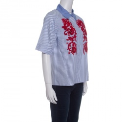 Pre Owned Tory Burch Blue and White Striped Contrast Embroidered Emily Shirt M