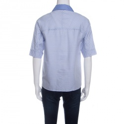 Pre Owned Tory Burch Blue and White Striped Contrast Embroidered Emily Shirt M