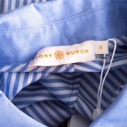 Pre Owned Tory Burch Blue and White Striped Contrast Embroidered Emily Shirt M