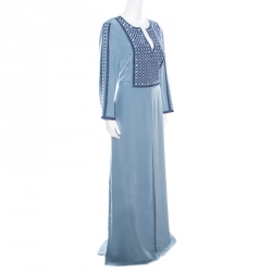 Tory Burch Rainfall Blue Embroidered Crepe Silk Kaftan Maxi Dress XL
