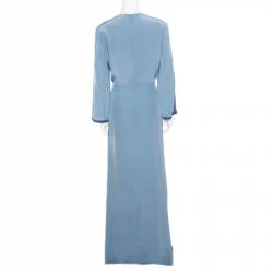 Tory Burch Rainfall Blue Embroidered Crepe Silk Kaftan Maxi Dress XL