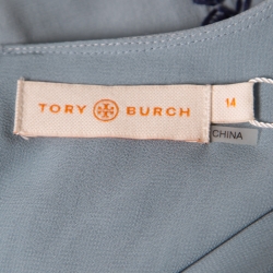 Tory Burch Rainfall Blue Embroidered Crepe Silk Kaftan Maxi Dress XL
