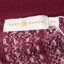 Pre Owned Tory Burch Red and White Patterned Jacquard Merino Wool Long Cardigan M